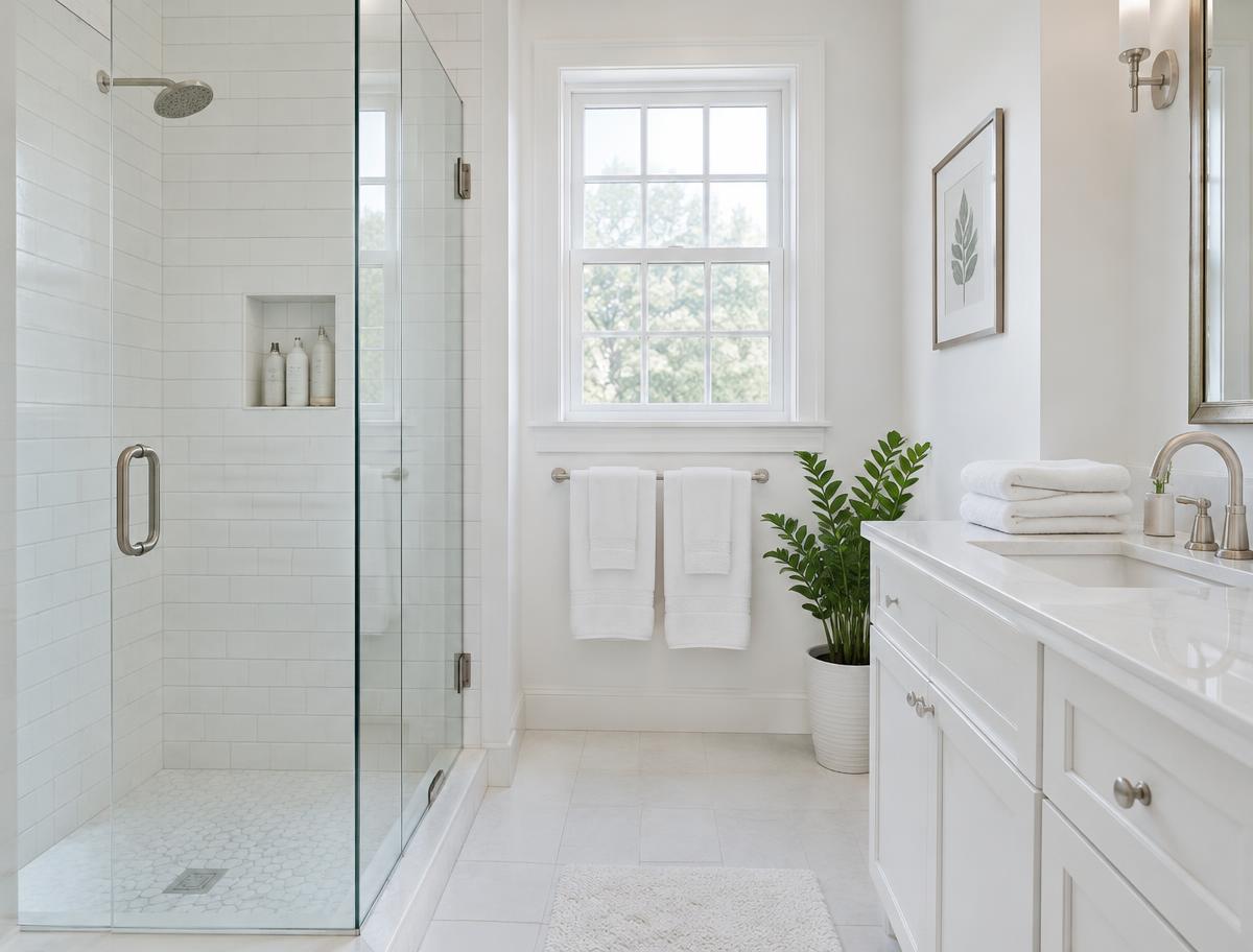 Bright bathroom with glass shower and folded towels