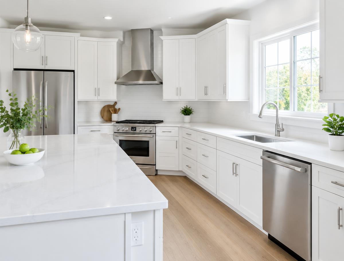 Clean white kitchen with clear countertops